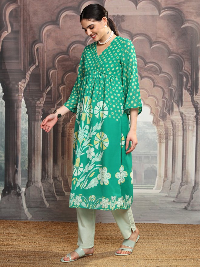 Vishudh Women Green Printed A-Line Kurta