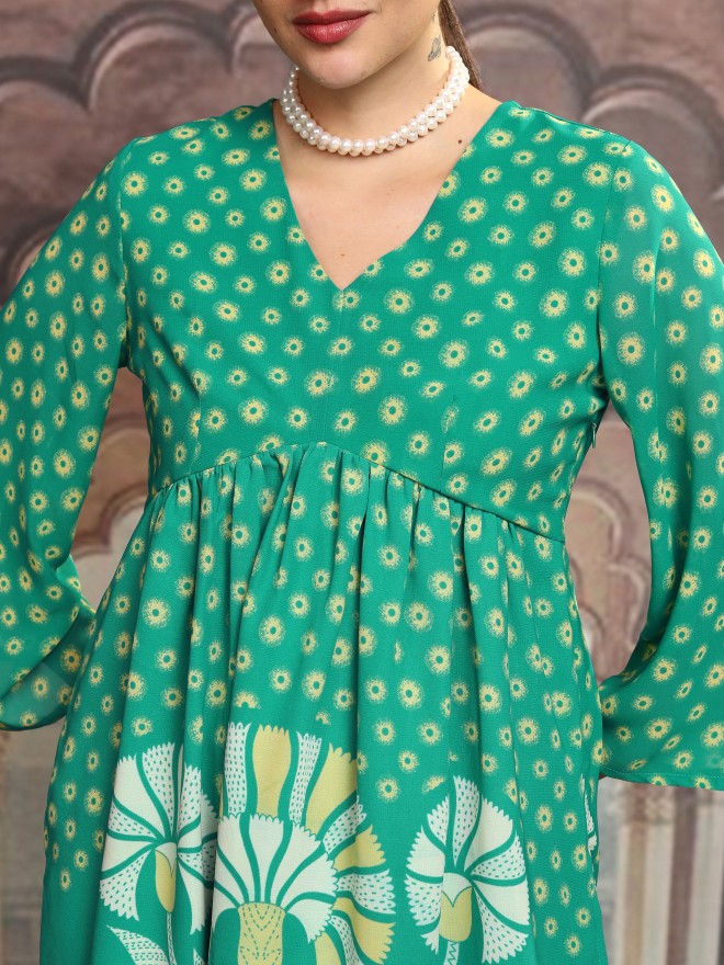 Vishudh Women Green Printed A-Line Kurta