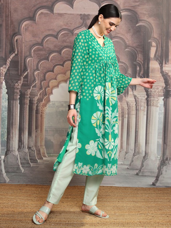 Vishudh Women Green Printed A-Line Kurta