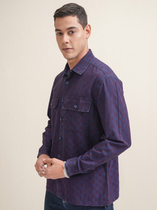 Locomotive Premium Men Navy Blue Checked Oversized Fit Casual Shirt