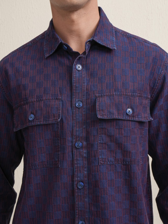 Locomotive Premium Men Navy Blue Checked Oversized Fit Casual Shirt