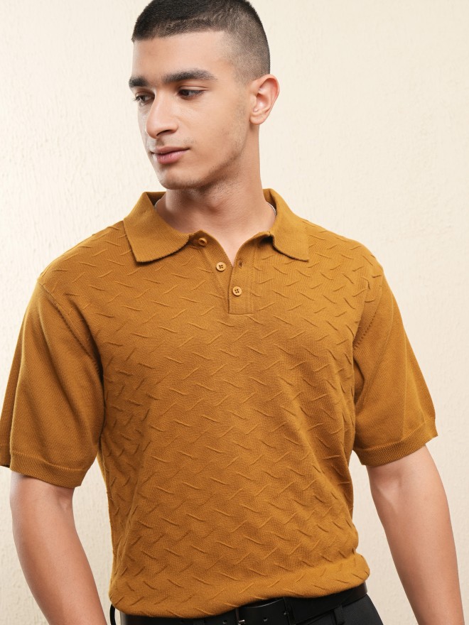 Highlander Men Mustard Self Design Polo Collar T-Shirt