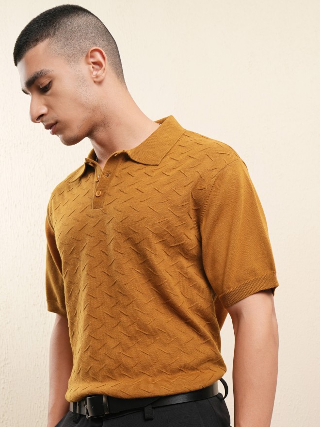 Highlander Men Mustard Self Design Polo Collar T-Shirt