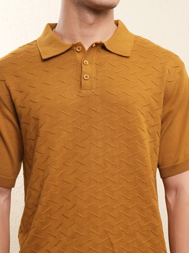 Highlander Men Mustard Self Design Polo Collar T-Shirt