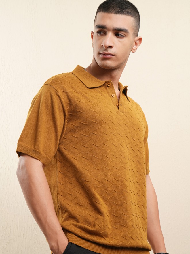 Highlander Men Mustard Self Design Polo Collar T-Shirt