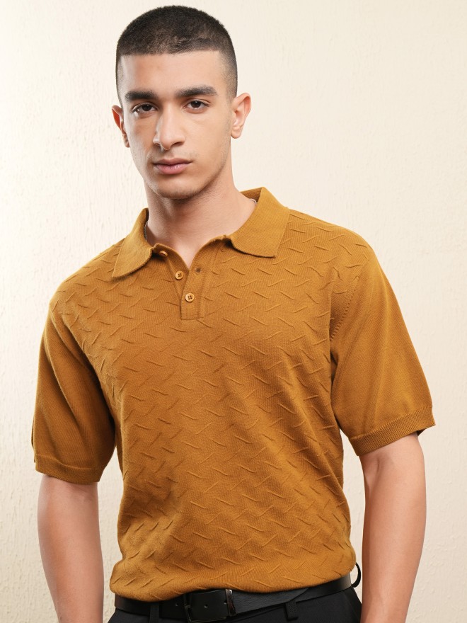 Highlander Men Mustard Self Design Polo Collar T-Shirt