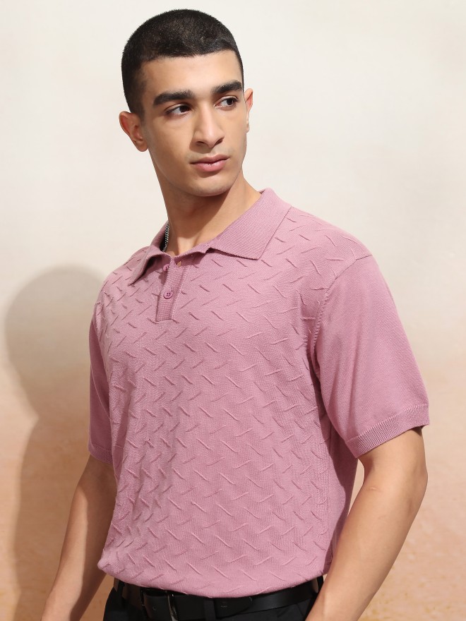 Highlander Men Pink Self Design Polo Collar T-Shirt