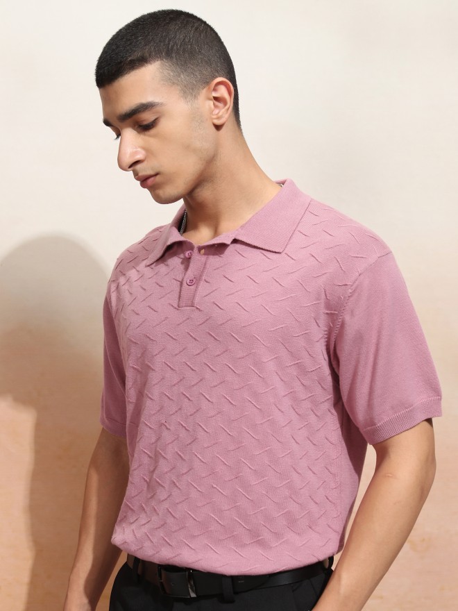 Highlander Men Pink Self Design Polo Collar T-Shirt