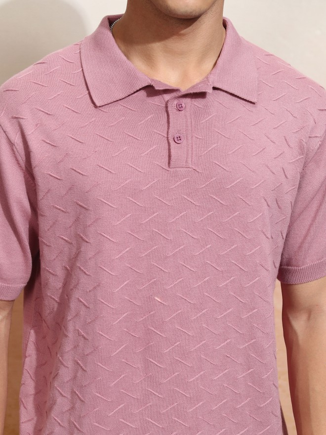 Highlander Men Pink Self Design Polo Collar T-Shirt