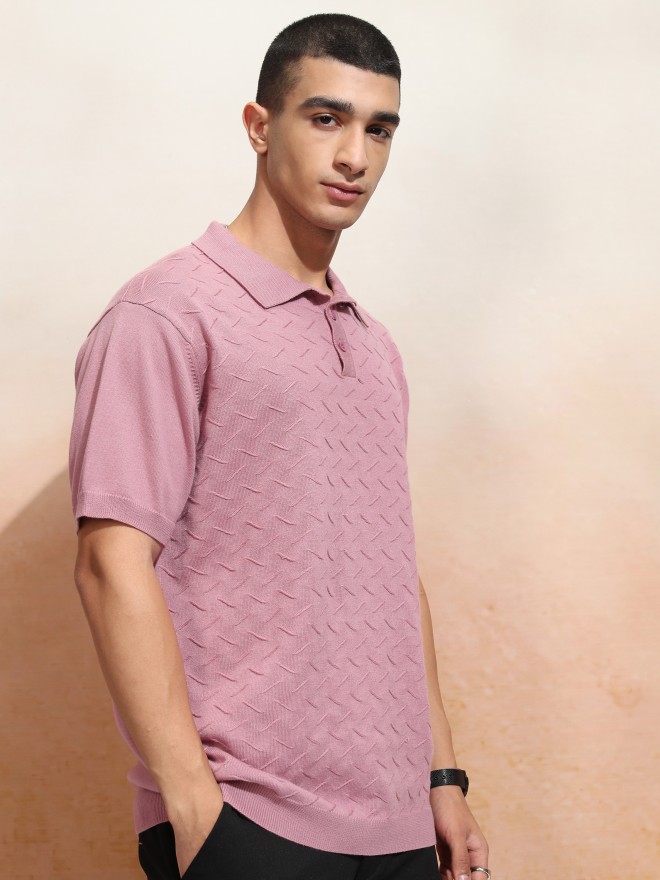 Highlander Men Pink Self Design Polo Collar T-Shirt