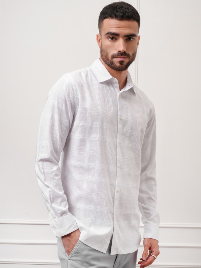 Locomotive Premium Men White Checked Regular Fit Casual Shirt