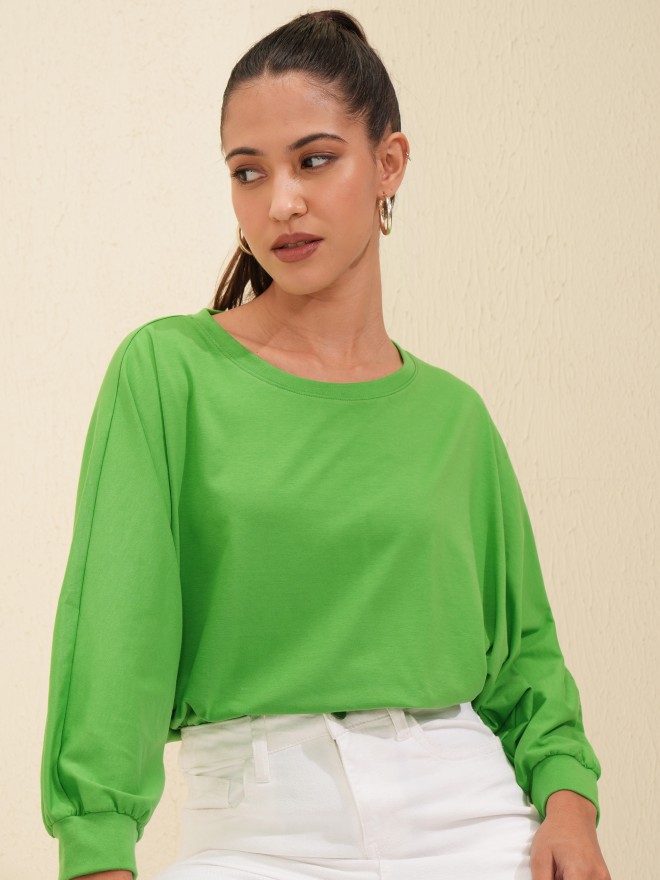 Tokyo Talkies Women Green Solid Round Neck Oversized Fit T-Shirt