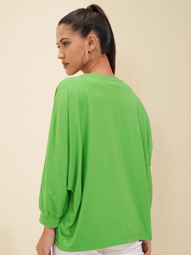 Tokyo Talkies Women Green Solid Round Neck Oversized Fit T-Shirt