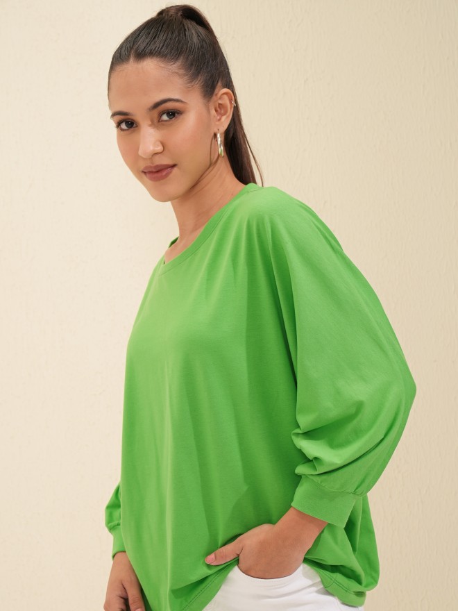 Tokyo Talkies Women Green Solid Round Neck Oversized Fit T-Shirt