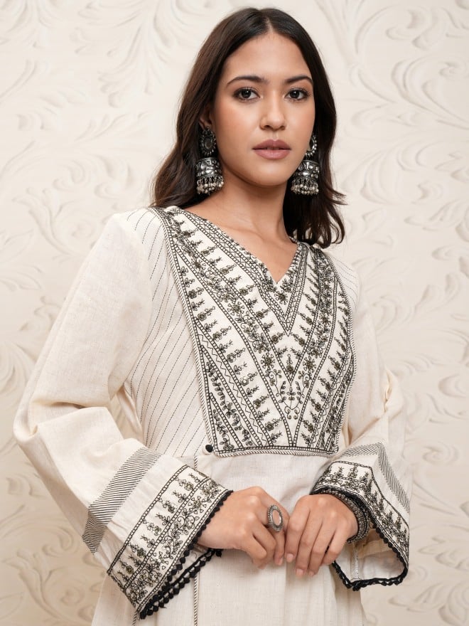 Vishudh Women Natural Cream Embroidered Kurta Paired With Pants