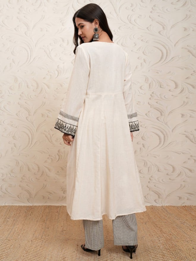 Vishudh Women Natural Cream Embroidered Kurta Paired With Pants