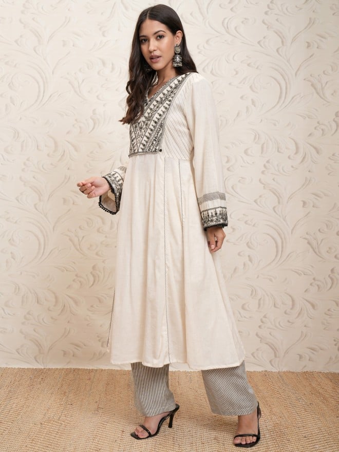 Vishudh Women Natural Cream Embroidered Kurta Paired With Pants