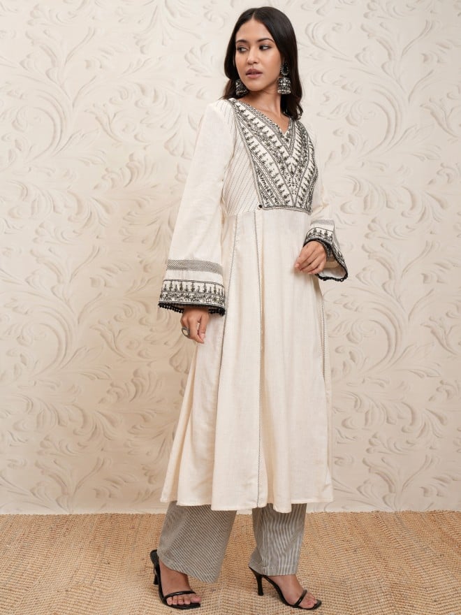 Vishudh Women Natural Cream Embroidered Kurta Paired With Pants