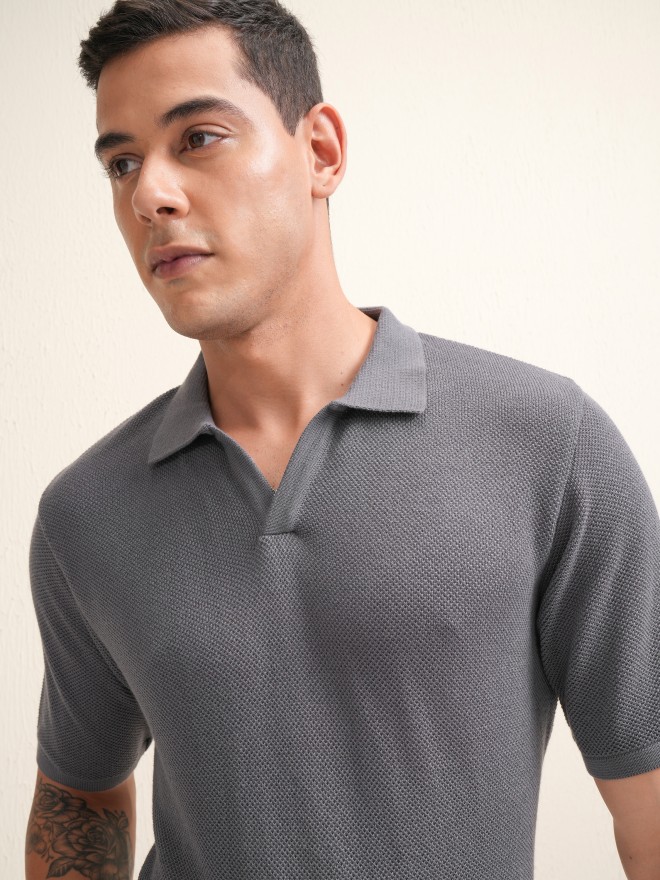 Buy Locomotive Grey Solid Relaxed Fit Polo Collar T Shirt For Men