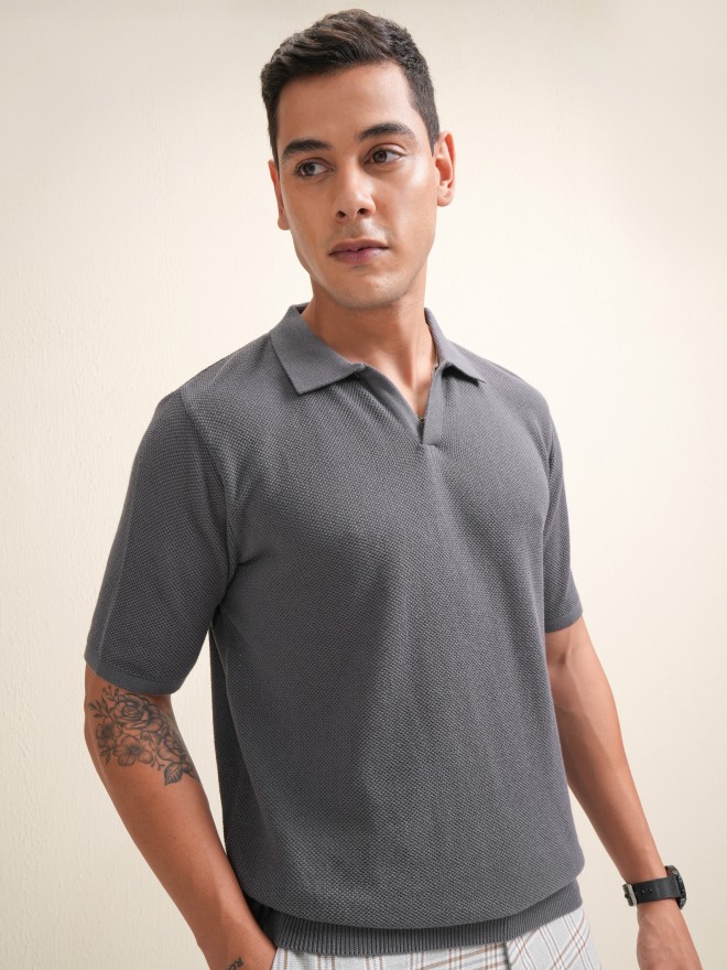 Buy Locomotive Grey Solid Relaxed Fit Polo Collar T Shirt For Men