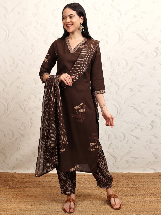 Vishudh Women Brown Printed Kurta With Trousers And Dupatta