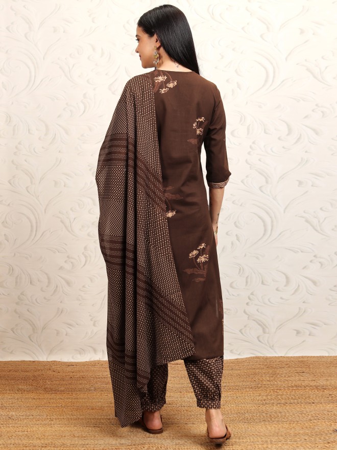 Vishudh Women Brown Printed Kurta With Trousers And Dupatta