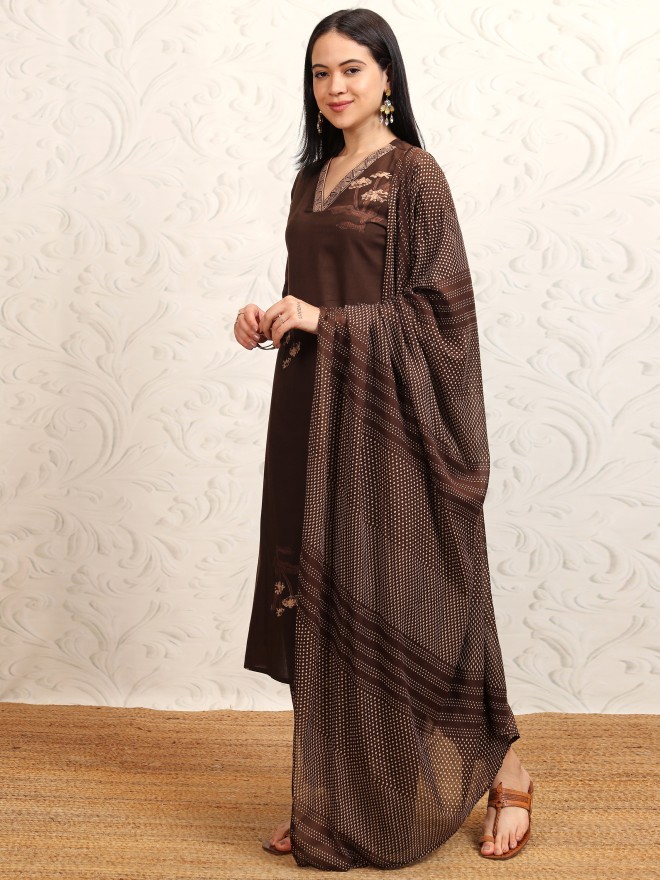 Vishudh Women Brown Printed Kurta With Trousers And Dupatta