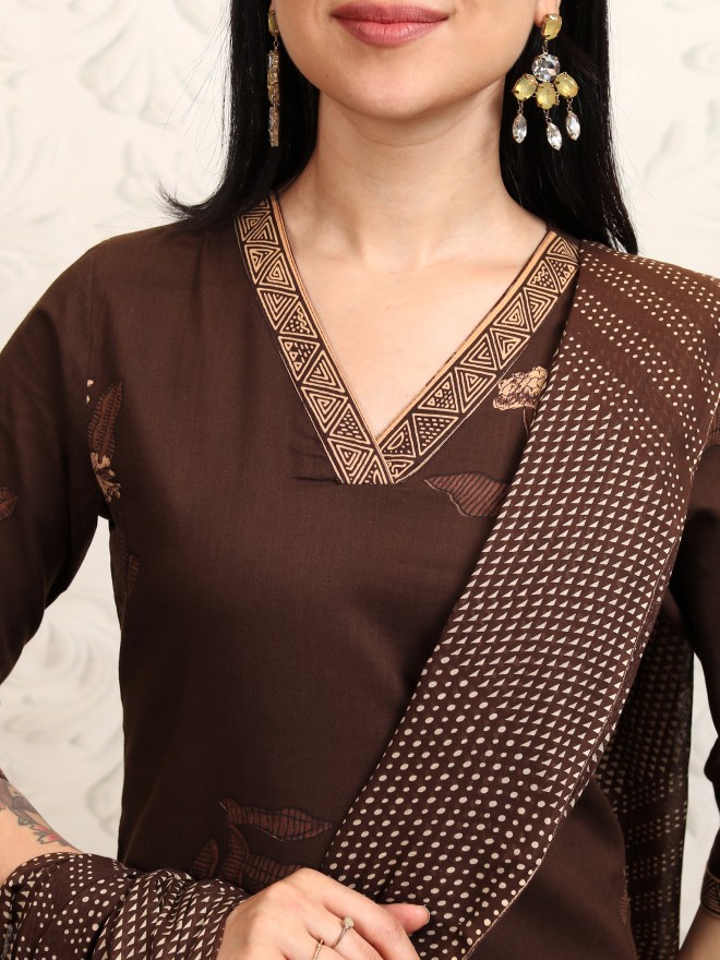 Vishudh Women Brown Printed Kurta With Trousers And Dupatta