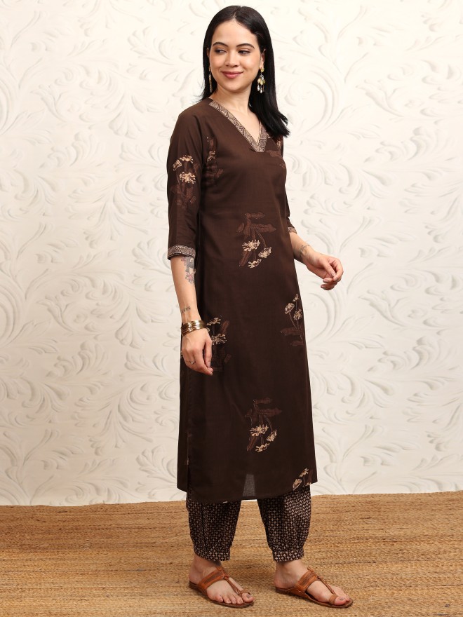 Vishudh Women Brown Printed Kurta With Trousers And Dupatta