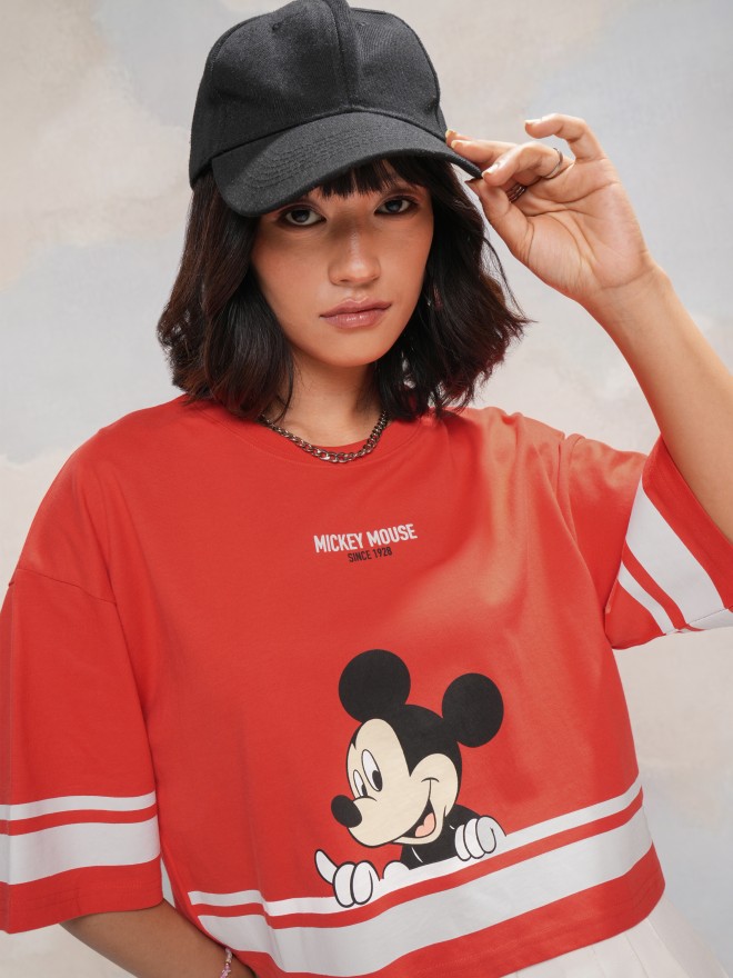 Disney By Tokyo Talkies Women Red Mickey Mouse Printed Boxy Crop T-Shirt