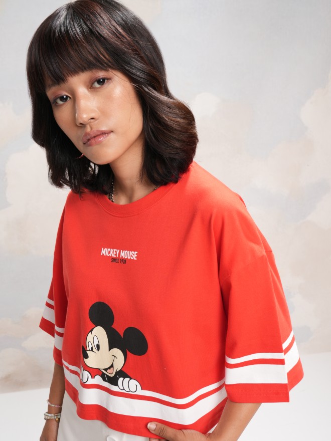 Disney By Tokyo Talkies Women Red Mickey Mouse Printed Boxy Crop T-Shirt