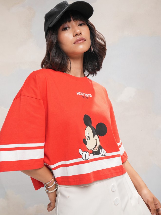 Disney By Tokyo Talkies Women Red Mickey Mouse Printed Boxy Crop T-Shirt