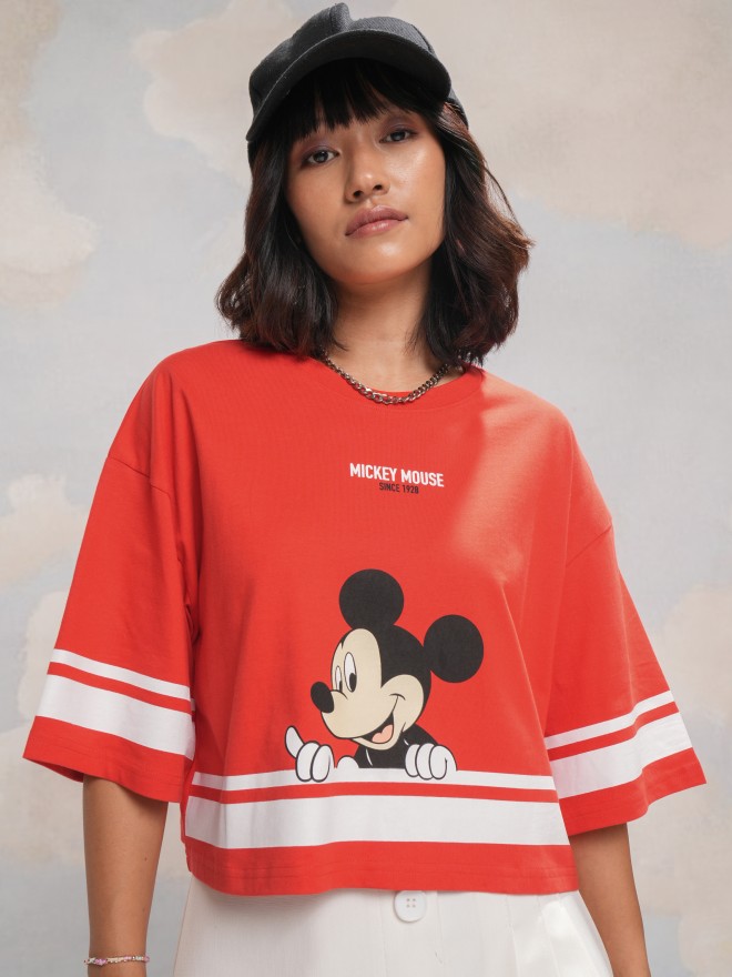 Disney By Tokyo Talkies Women Red Mickey Mouse Printed Boxy Crop T-Shirt