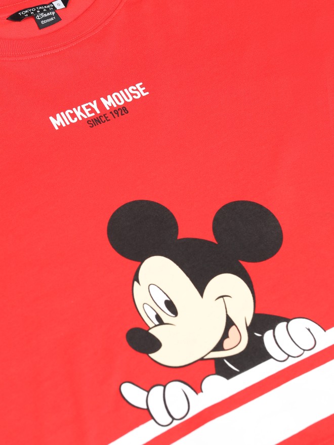 Disney By Tokyo Talkies Women Red Mickey Mouse Printed Boxy Crop T-Shirt