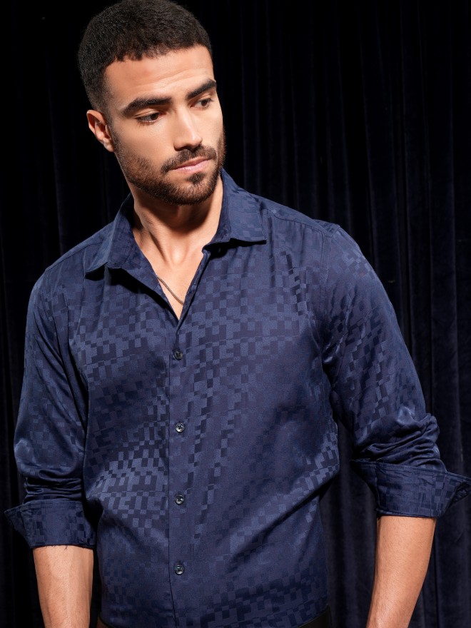 Locomotive Men Navy Blue Self Design Slim Fit Casual Shirt