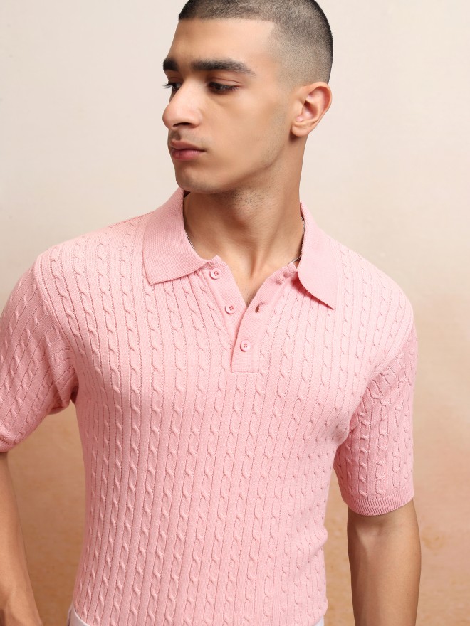 Highlander Men Pink Self Design Polo T-Shirt