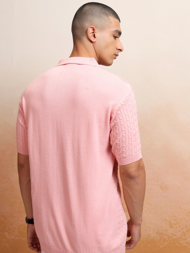 Highlander Men Pink Self Design Polo T-Shirt