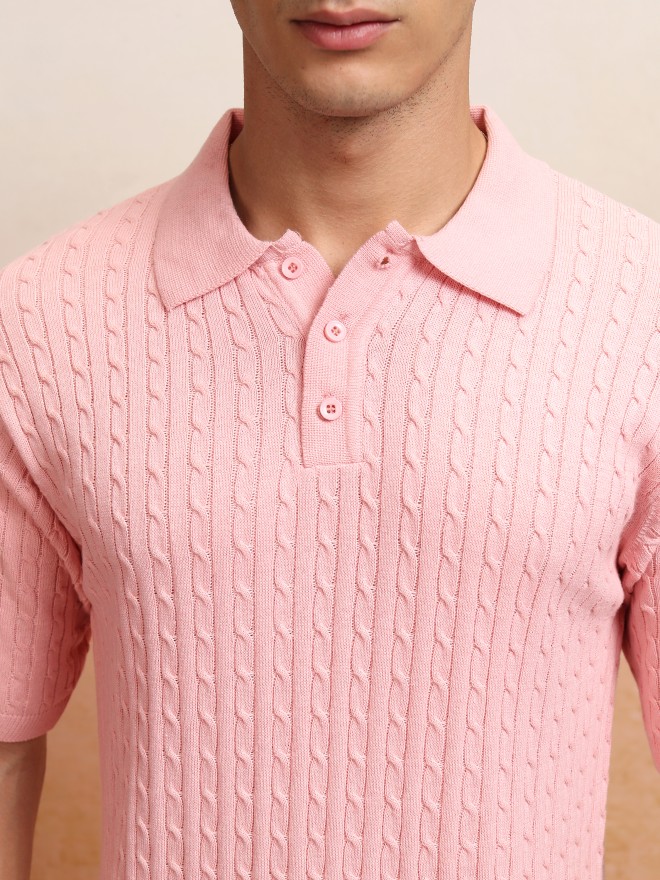 Highlander Men Pink Self Design Polo T-Shirt