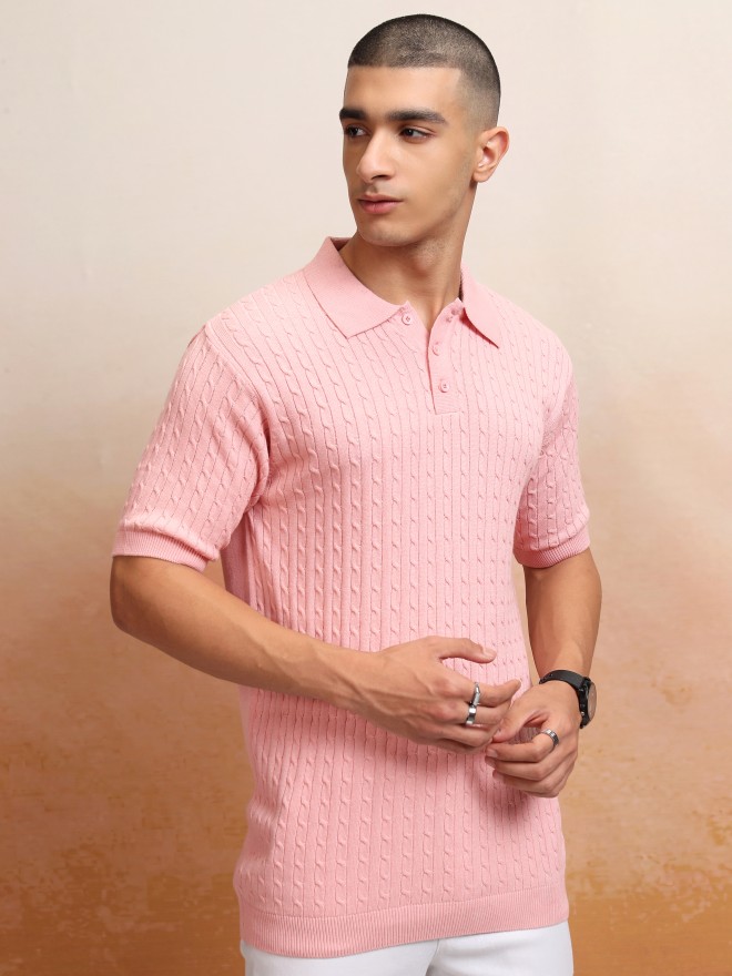 Highlander Men Pink Self Design Polo T-Shirt