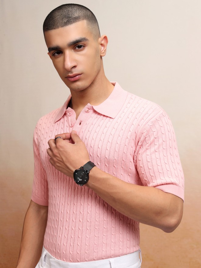 Highlander Men Pink Self Design Polo T-Shirt