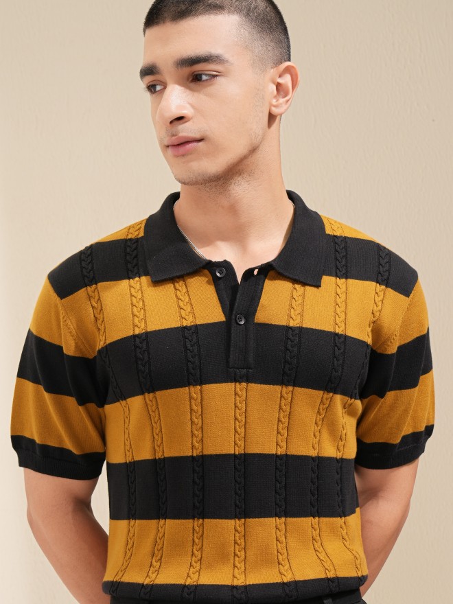 Highlander Men Mustard Self Design Polo T-Shirt