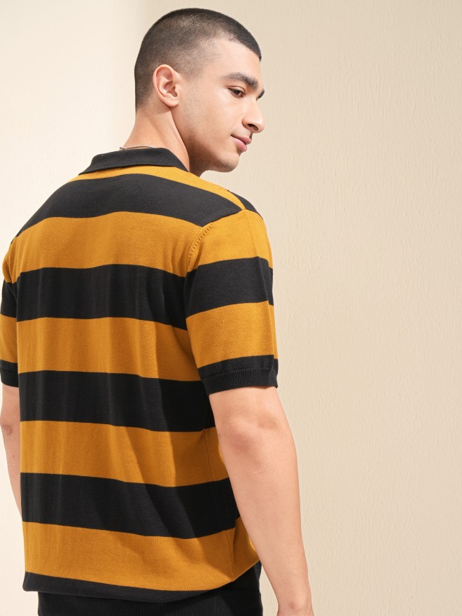 Highlander Men Mustard Self Design Polo T-Shirt