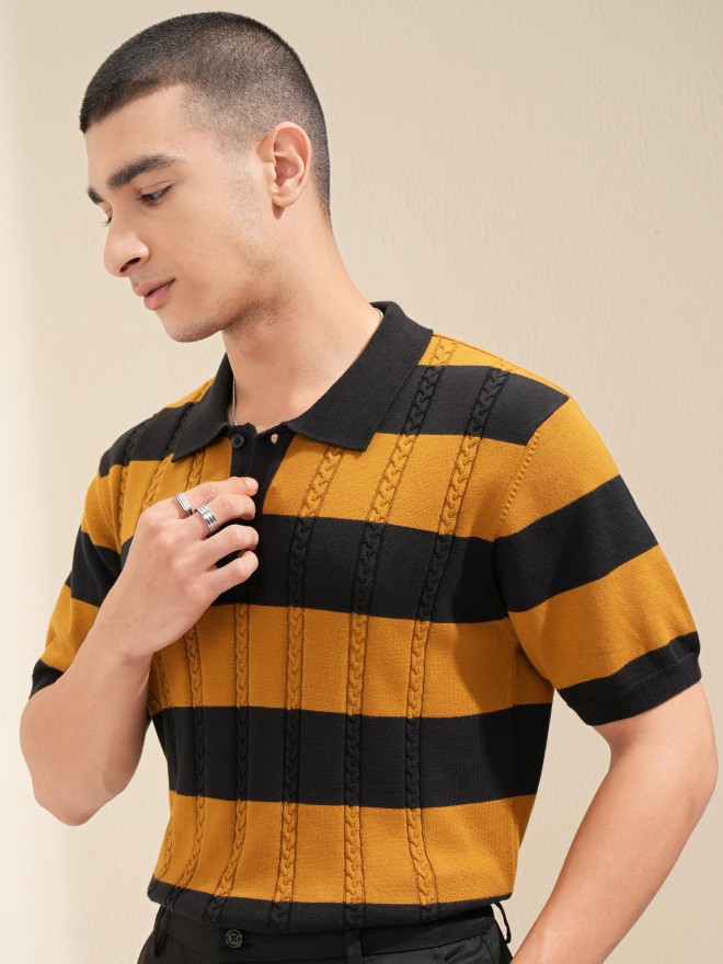 Highlander Men Mustard Self Design Polo T-Shirt