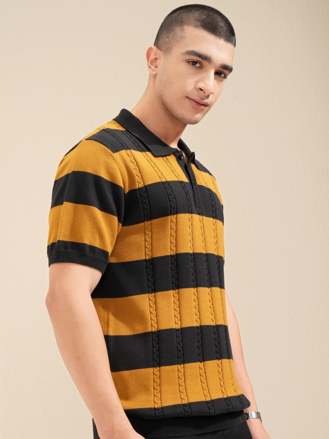 Highlander Men Mustard Self Design Polo T-Shirt