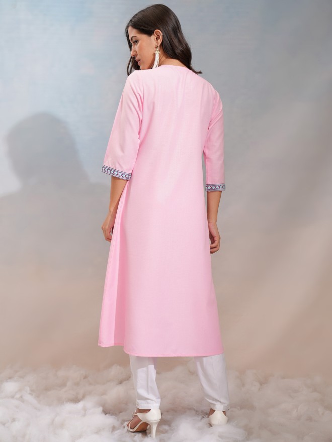 Vishudh Women Pink Embroidered A-Line Kurta