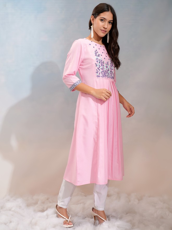 Vishudh Women Pink Embroidered A-Line Kurta