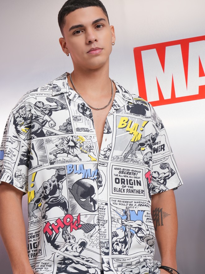 Marvel By Highlander White Black Panther Printed Relaxed Fit Casual Shirt