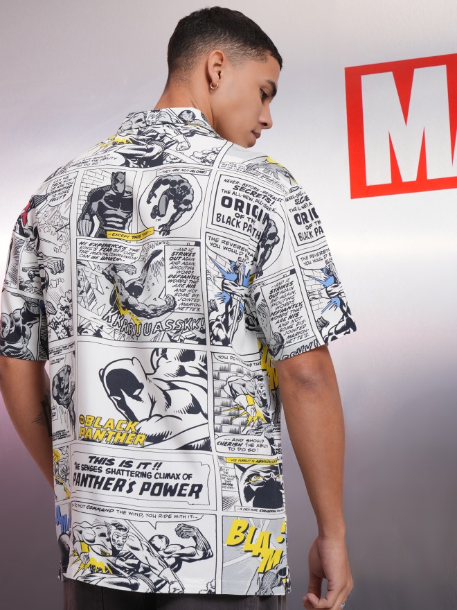 Marvel By Highlander White Black Panther Printed Relaxed Fit Casual Shirt