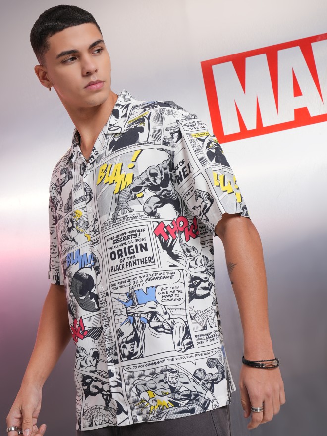 Marvel By Highlander White Black Panther Printed Relaxed Fit Casual Shirt