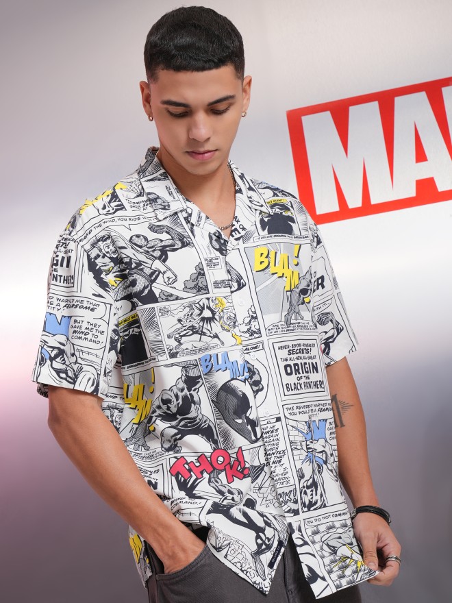 Marvel By Highlander White Black Panther Printed Relaxed Fit Casual Shirt